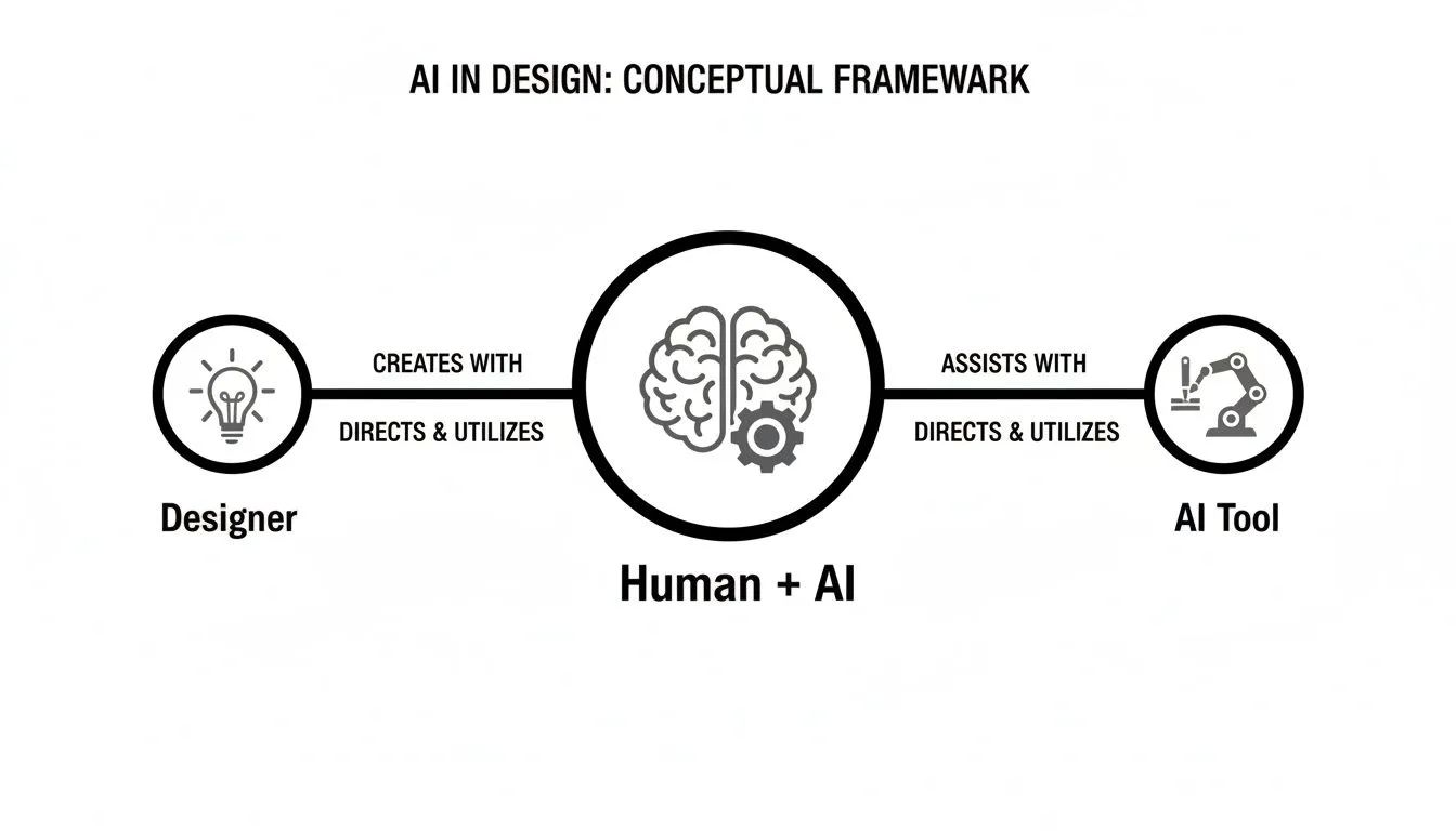 Conceptual framework diagram illustrating the interaction between a designer, human-AI, and AI tools.