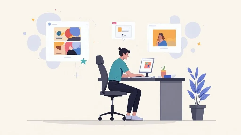 Illustration of a person using a computer at a desk with floating digital content elements.