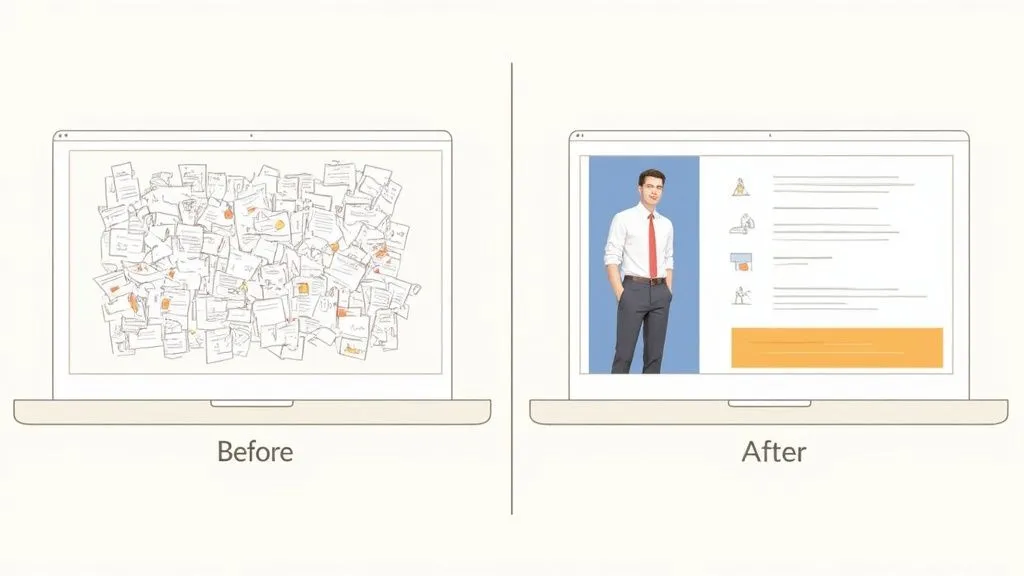 A side-by-side comparison of two laptops, showing disorganized documents transforming into an organized profile.