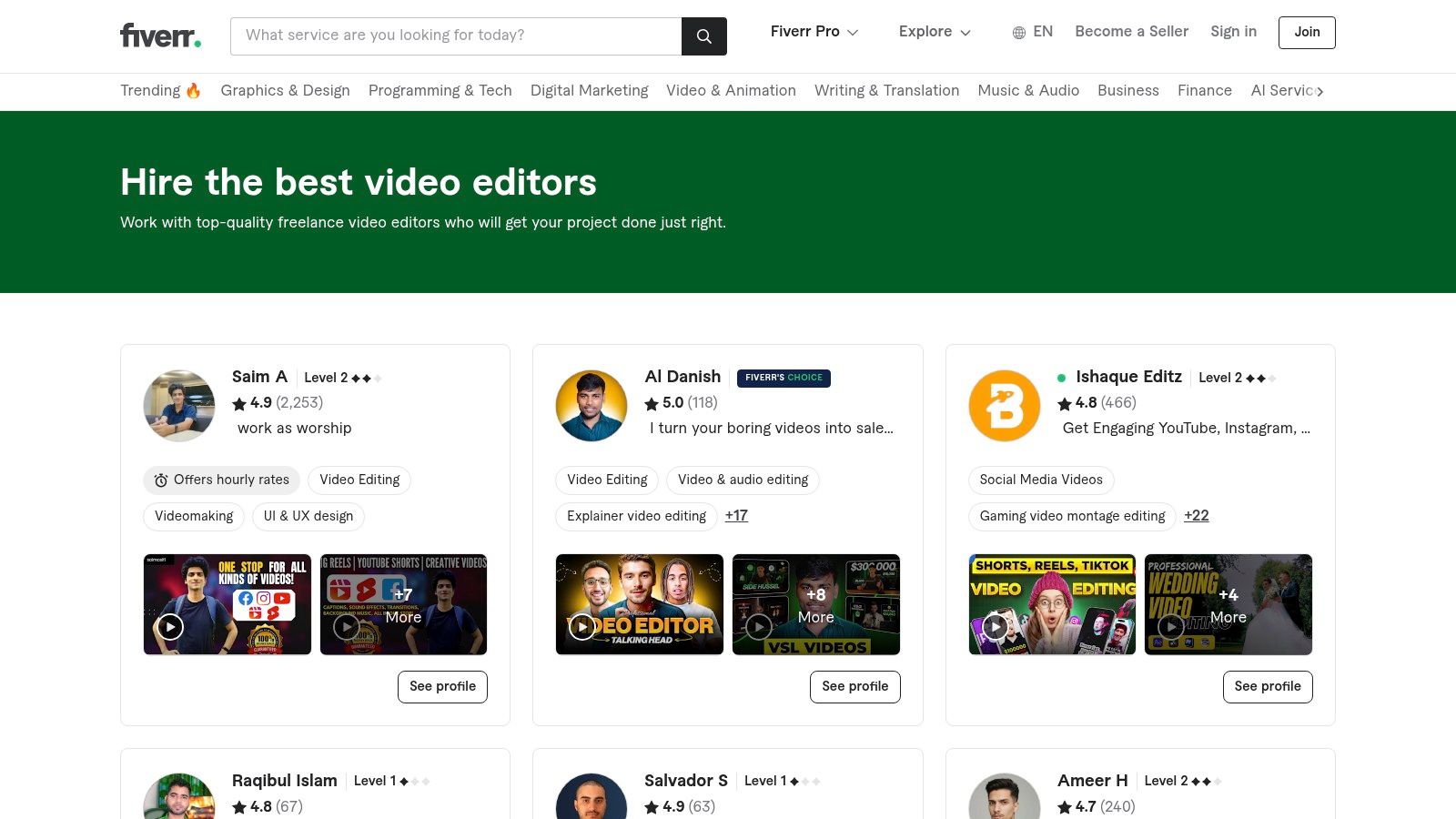 Fiverr interface showing various video editing gigs