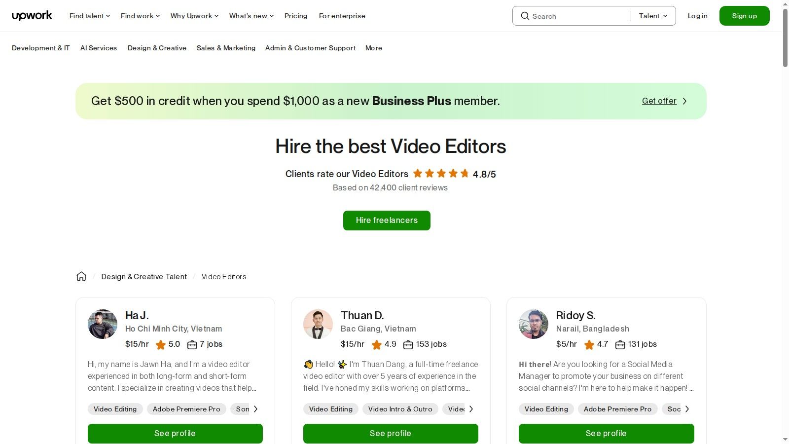 Upwork interface showing video editor profiles