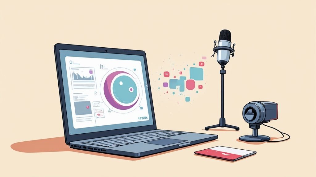 A creative workspace with a laptop, microphone, and camera, ideal for video production and streaming.