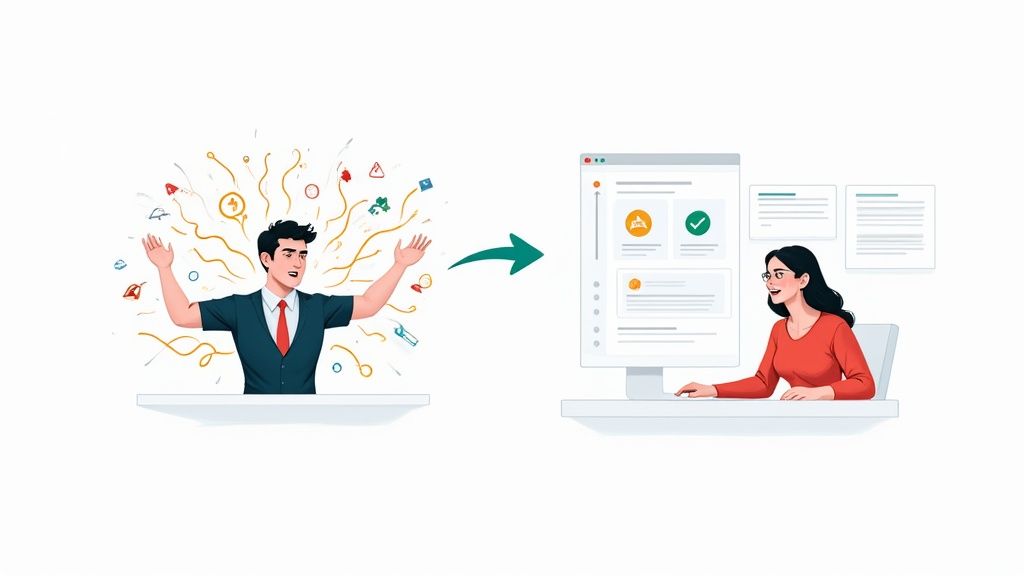 Illustration of chaotic data around a man being streamlined into organized information by a woman on a computer.