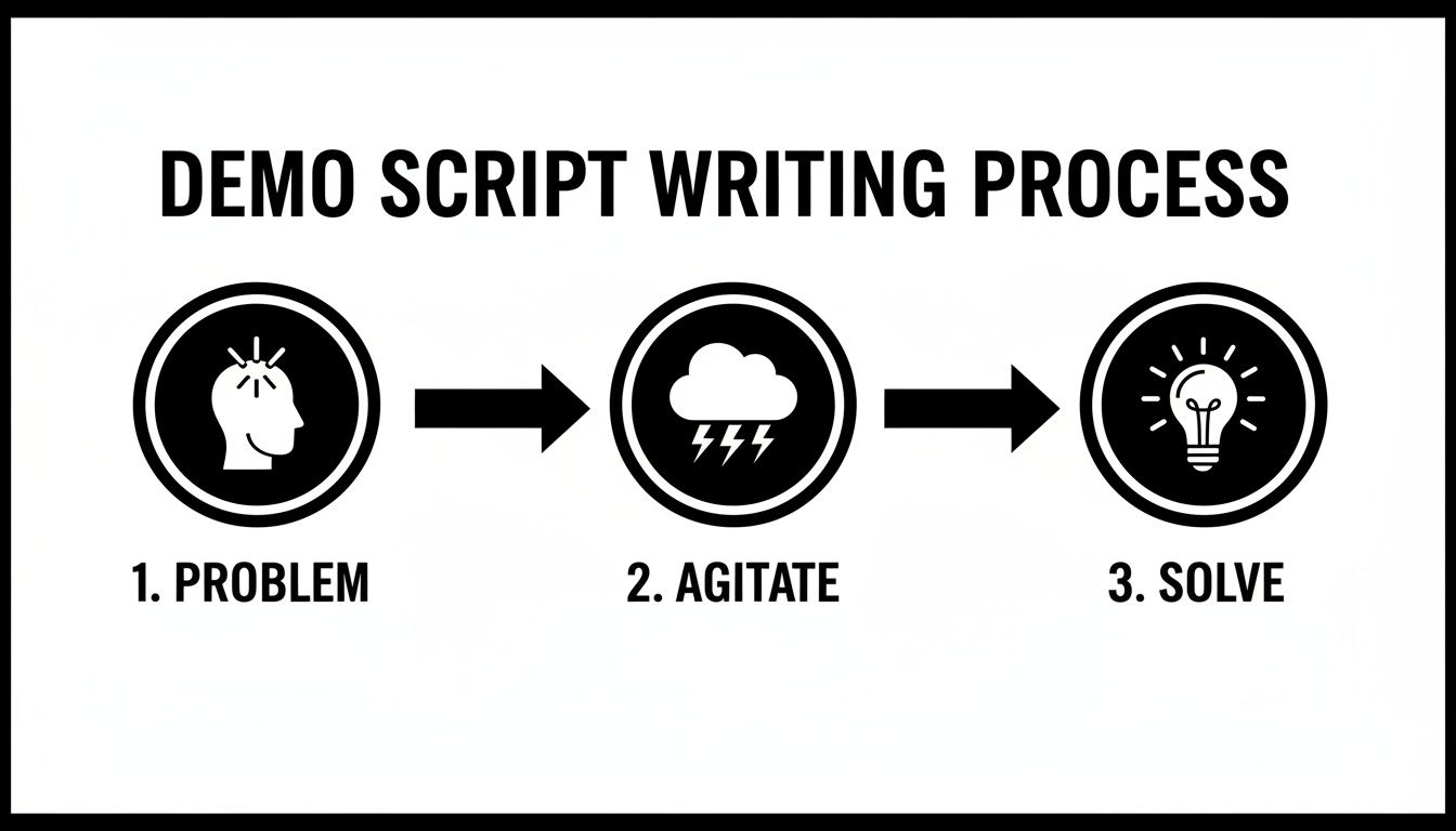 Diagram illustrating the 'Demo Script Writing Process' with three steps: Problem, Agitate, and Solve.