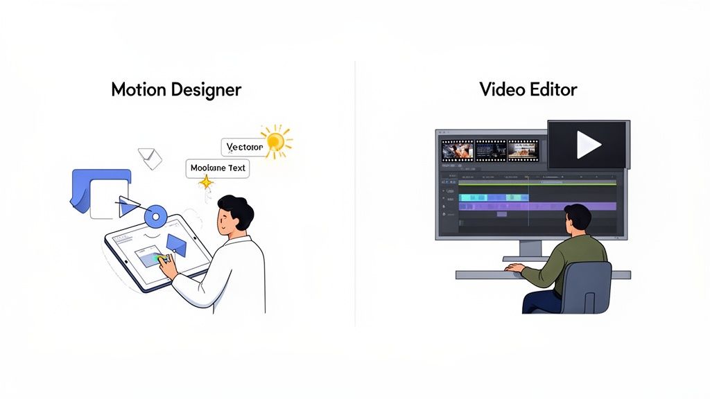 Illustration showing a motion designer creating graphics on a tablet and a video editor working on a timeline.