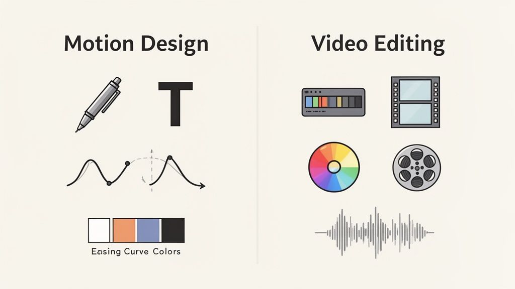 Infographic comparing tools and concepts for motion design (drawing, text, animation, colors) and video editing (color grading, film, audio).