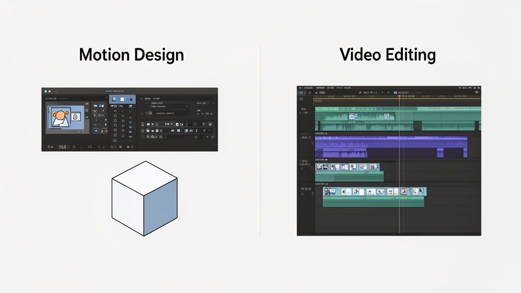 Side-by-side comparison of motion design and video editing software interfaces, illustrating creative workflows.