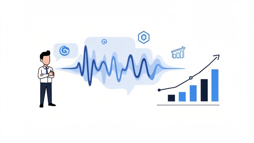 Cartoon man speaking, with a voice waveform transforming into upward trending graphs and data icons.