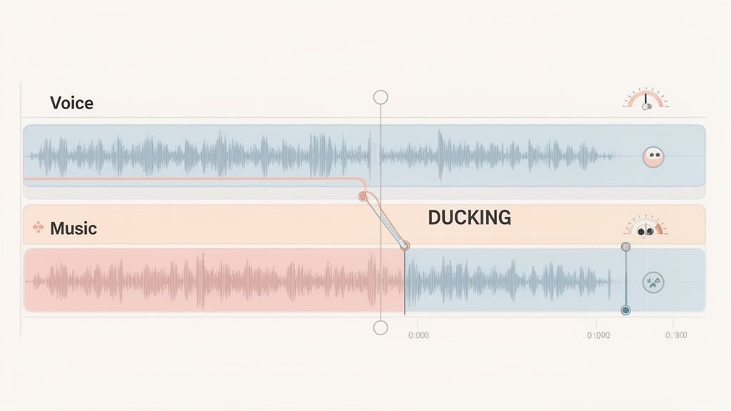 An audio editing interface shows voice and music tracks with ducking applied, illustrating volume automation.