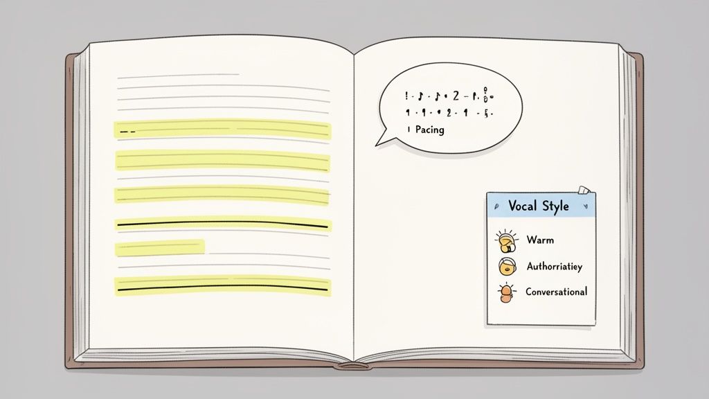 An open book displaying highlighted text, a speech bubble about pacing, and a 'Vocal Style' sticky note with options.