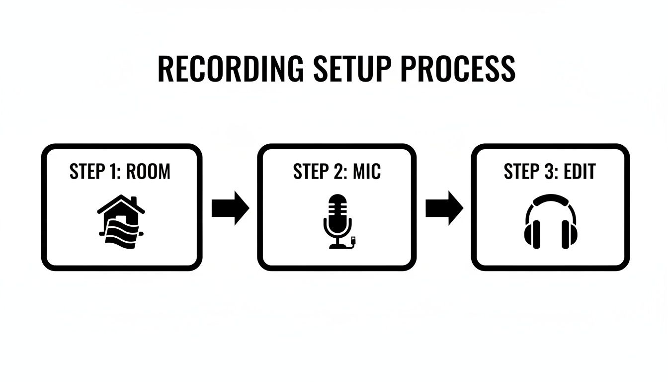 A black and white infographic outlining a three-step recording setup process: room, mic, and edit.
