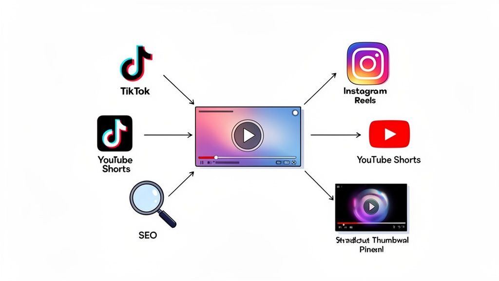 Diagram showing a central video distributed to TikTok, YouTube Shorts, Instagram Reels, optimized with SEO and standout thumbnails.