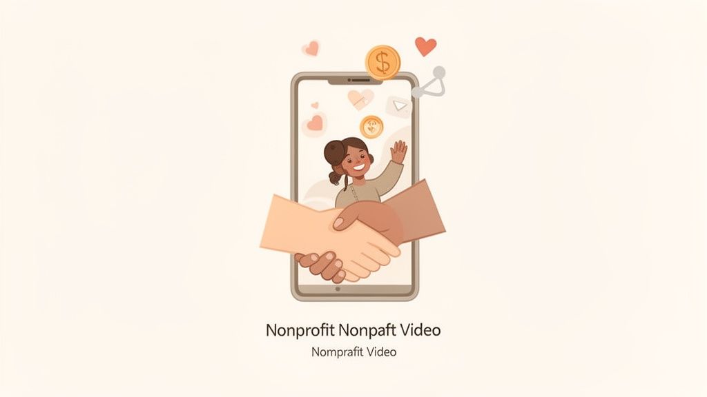 An illustration of a smartphone showing a happy girl waving, hands shaking, hearts, and money, symbolizing nonprofit support.