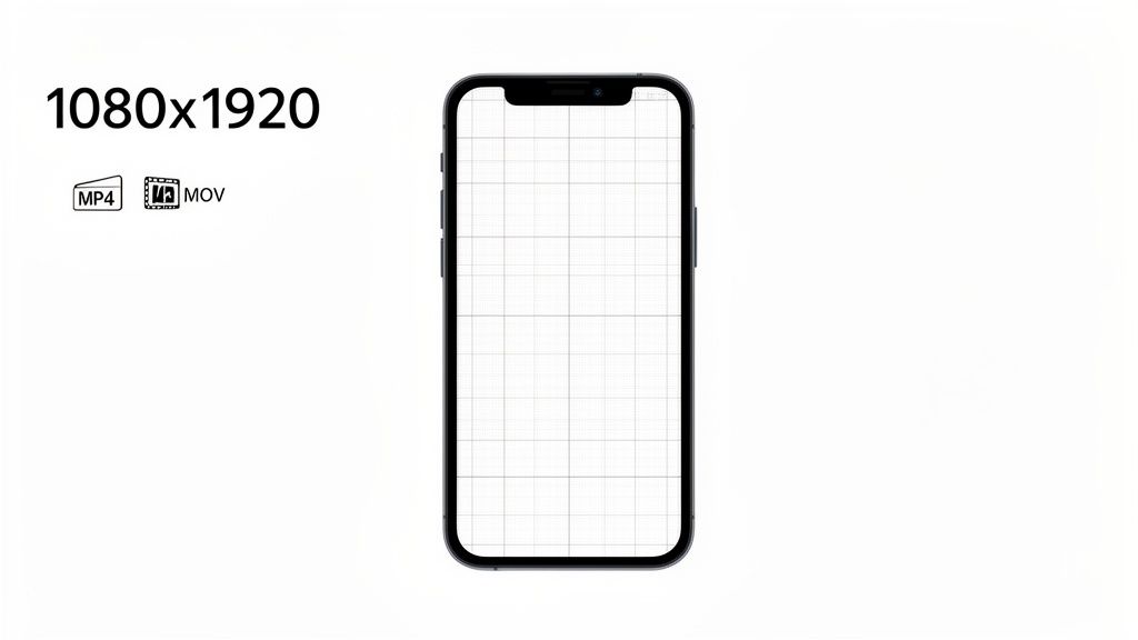 A vertical smartphone with a grid screen, displaying 1080x1920, MP4, and MOV formats for video content.