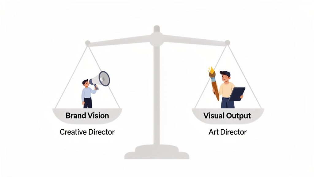 Illustration of a balanced scale comparing Creative Director's brand vision with Art Director's visual output.