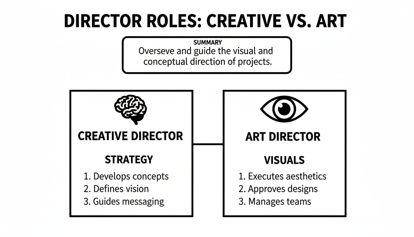 A diagram contrasting Creative Director and Art Director roles, detailing their strategic and visual responsibilities.