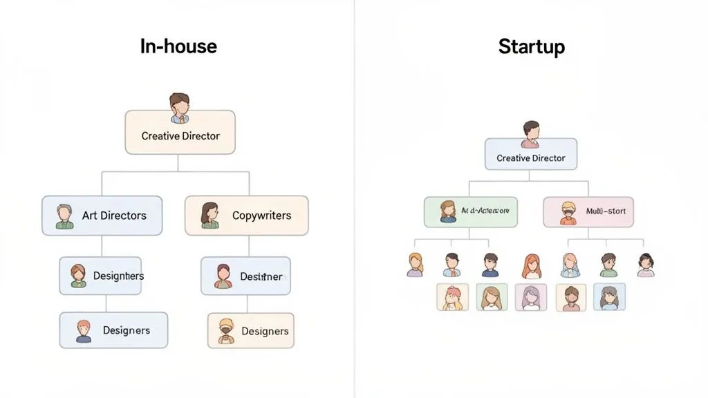 Organizational charts comparing traditional in-house creative team hierarchy with a flatter startup structure.