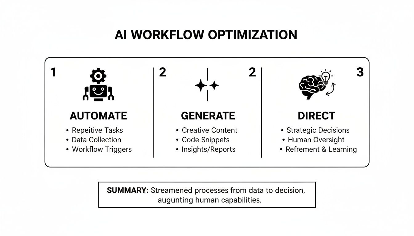 Diagram illustrating AI workflow optimization with three steps: automate, generate, and direct, enhancing human capabilities.