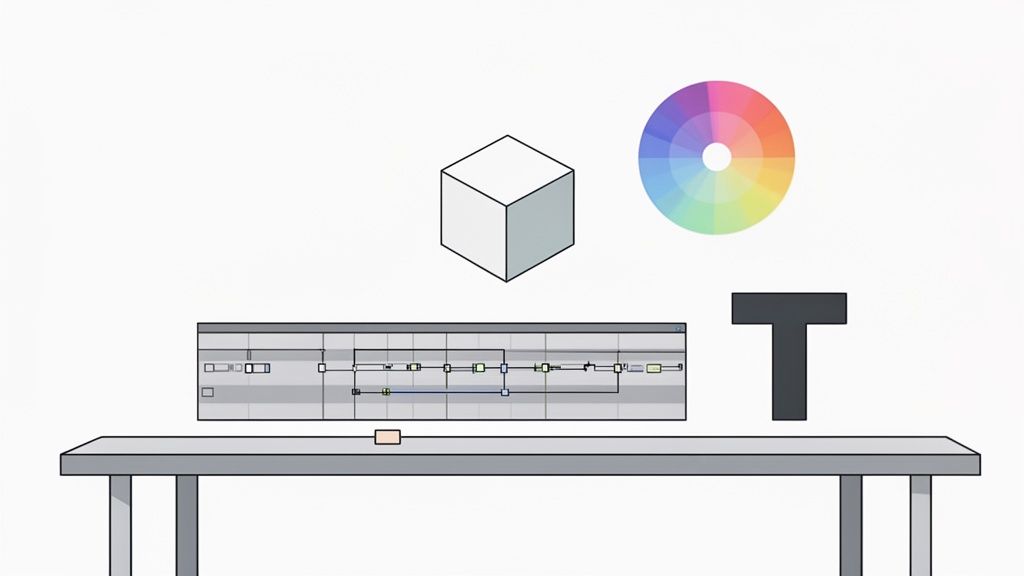 A creative workspace with a visual programming interface, a 3D cube, a color wheel, and a letter T.