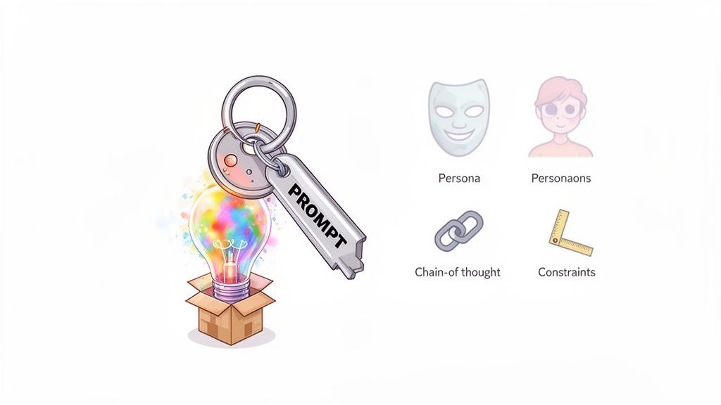A 'PROMPT' key unlocks a colorful lightbulb, representing creative ideas, with prompt engineering techniques listed.