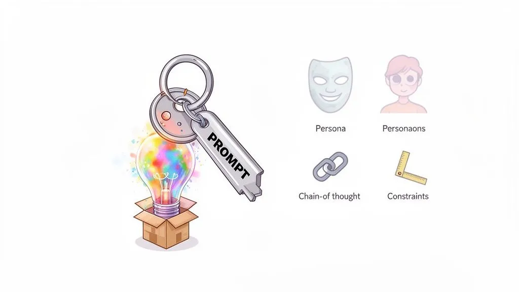 A 'PROMPT' key unlocks a colorful lightbulb, representing creative ideas, with prompt engineering techniques listed.