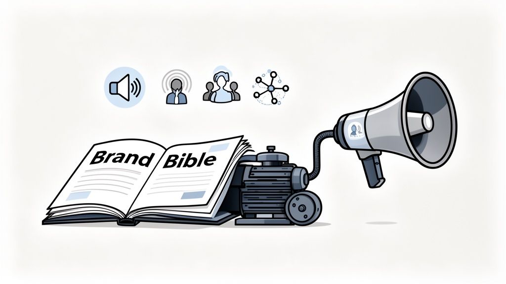 An open book labeled 'Brand Bible' connected to a machine and a megaphone, symbolizing brand communication.