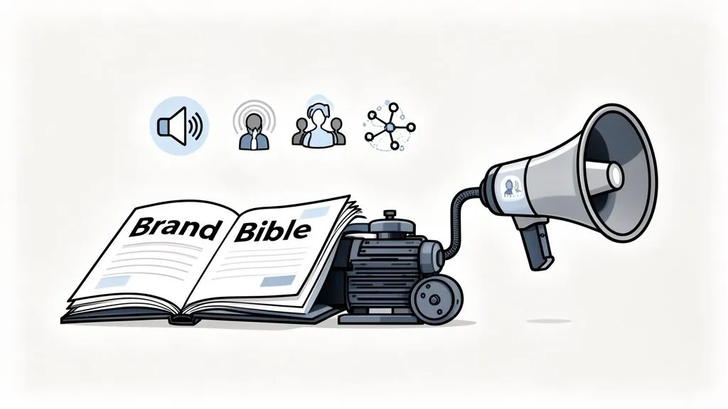 An open book labeled 'Brand Bible' connected to a machine and a megaphone, symbolizing brand communication.
