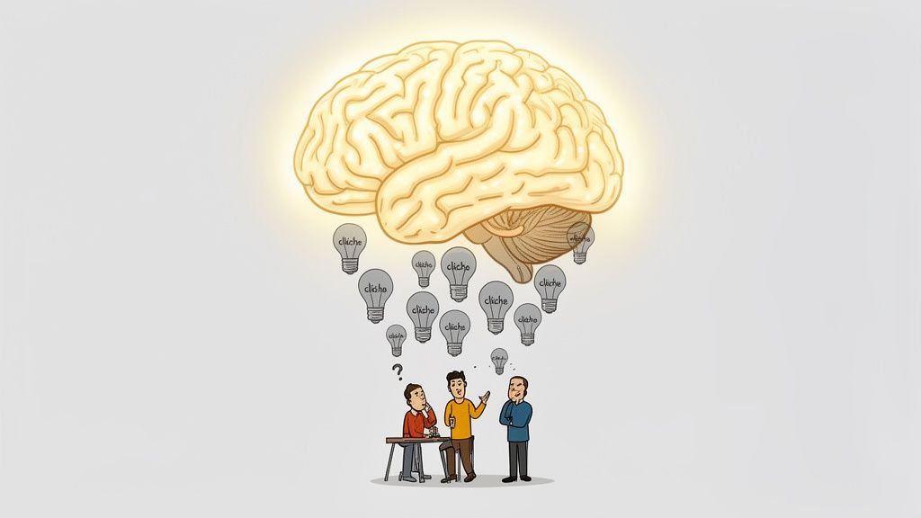 A glowing brain showers generic 'cliché' ideas onto three brainstorming men.
