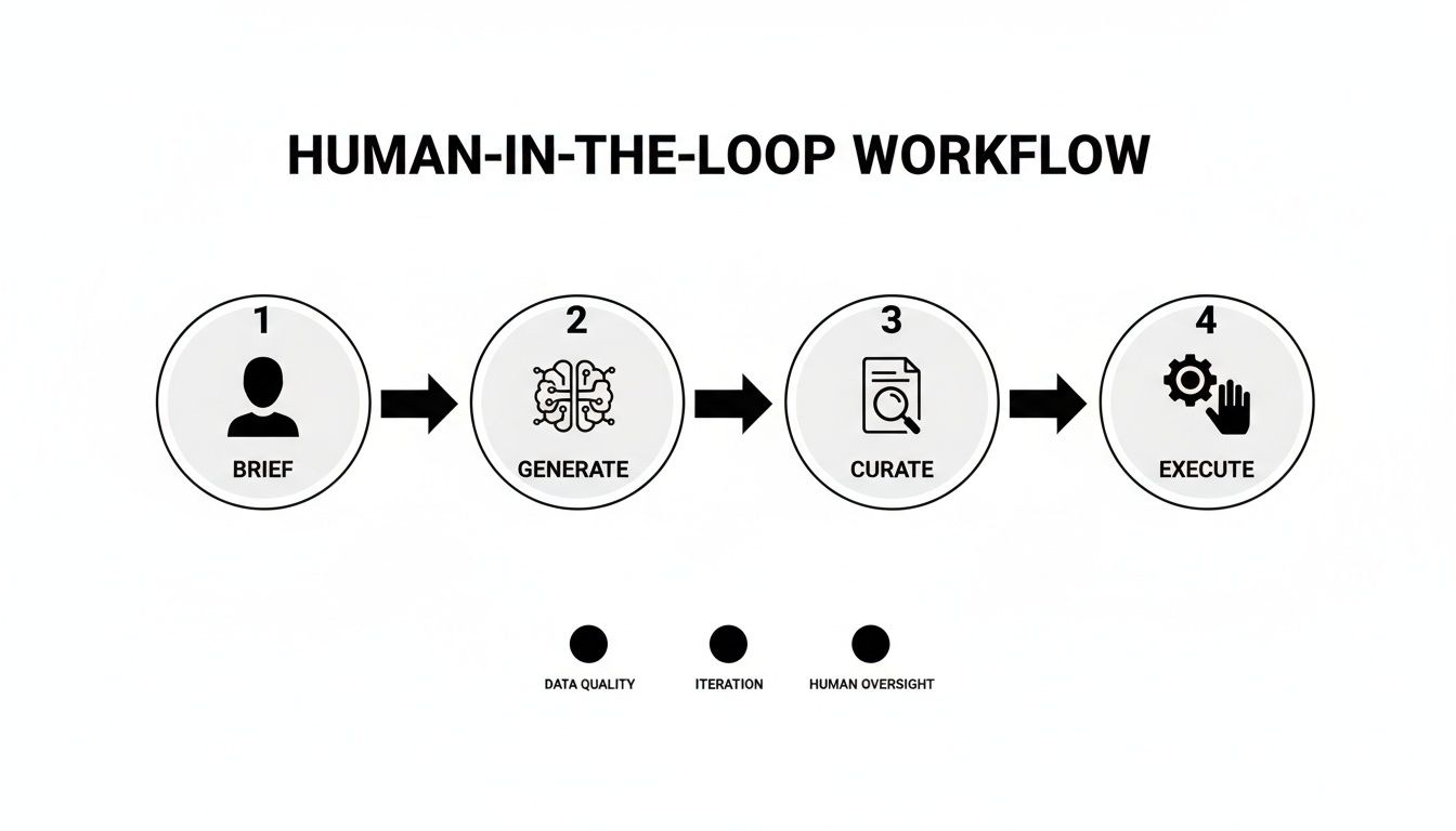 Diagram illustrating a Human-in-the-Loop Workflow with steps: Brief, Generate, Curate, Execute, and key principles.