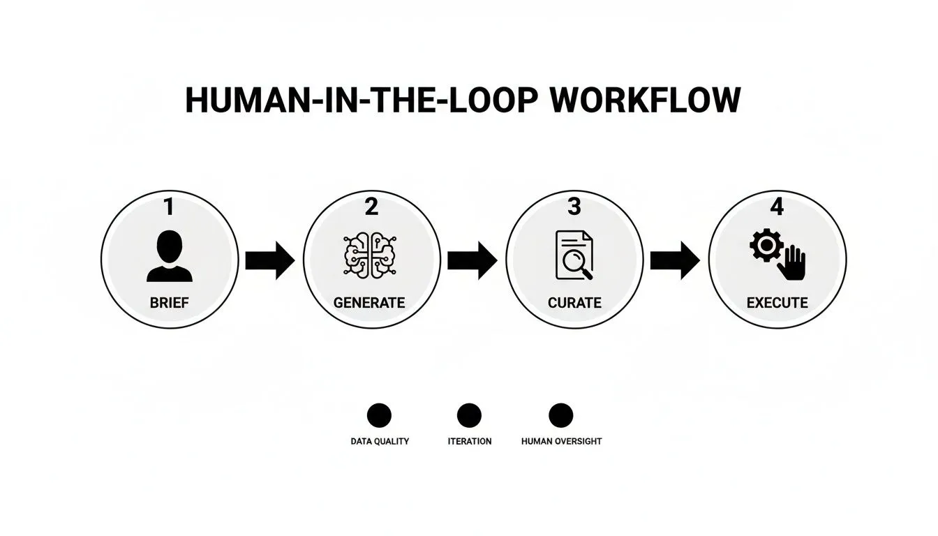 Diagram illustrating a Human-in-the-Loop Workflow with steps: Brief, Generate, Curate, Execute, and key principles.