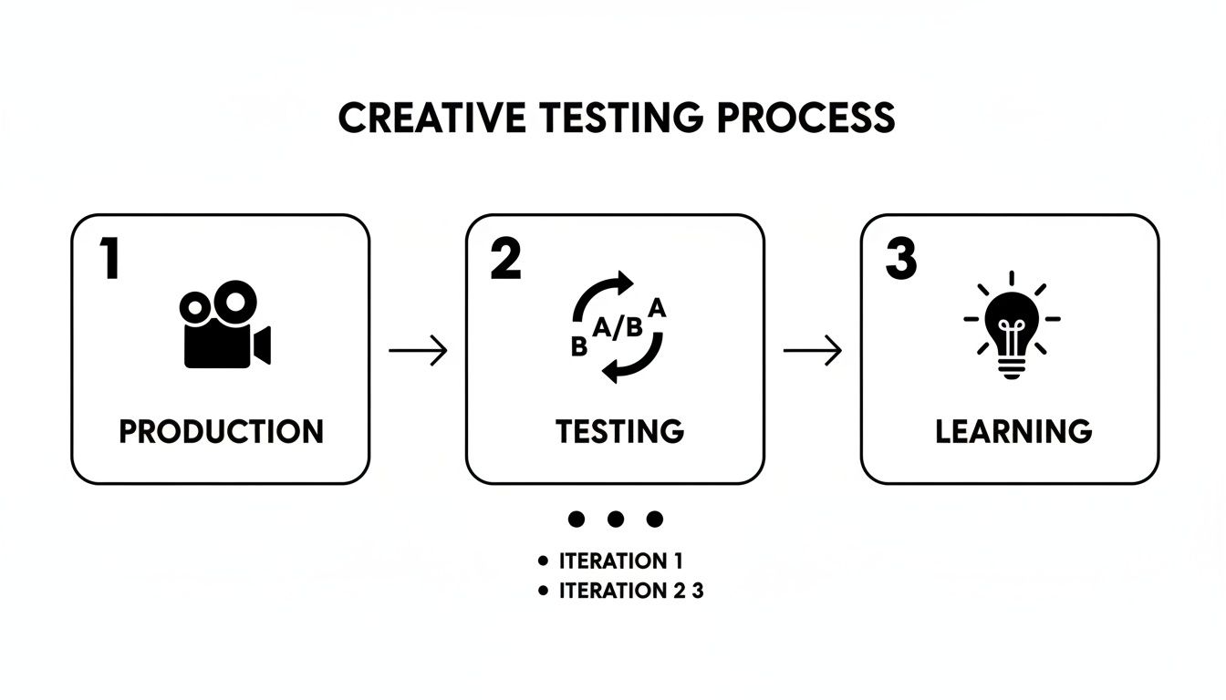 Flowchart illustrating the creative testing process, including production, iterative A/B testing, and learning.