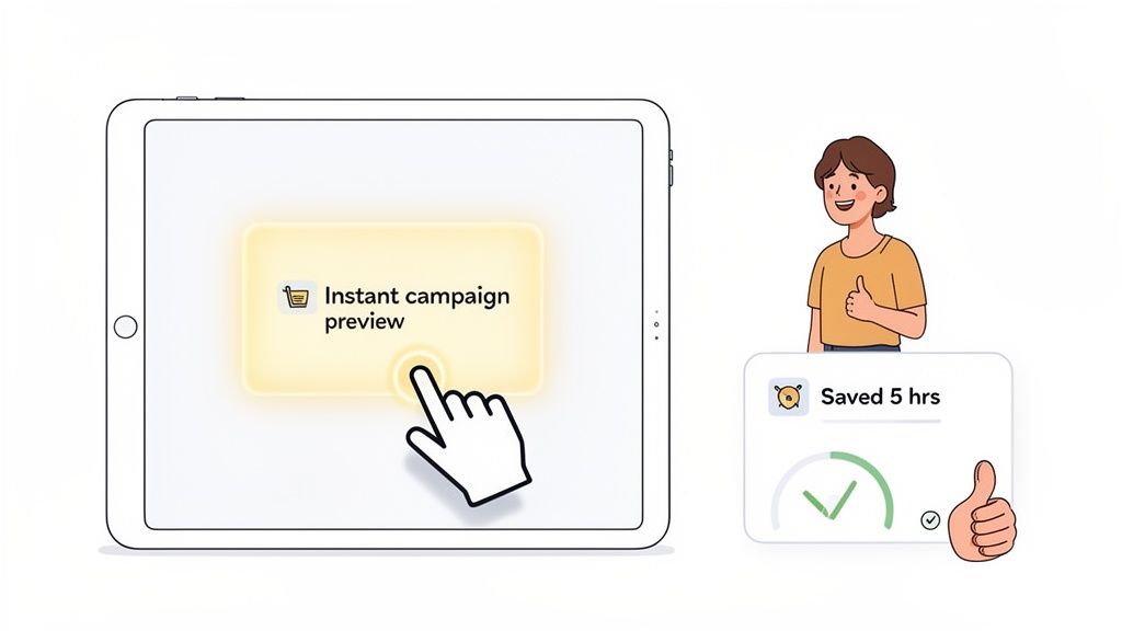 A hand taps an 'Instant campaign preview' on a tablet, showcasing time savings and user efficiency.