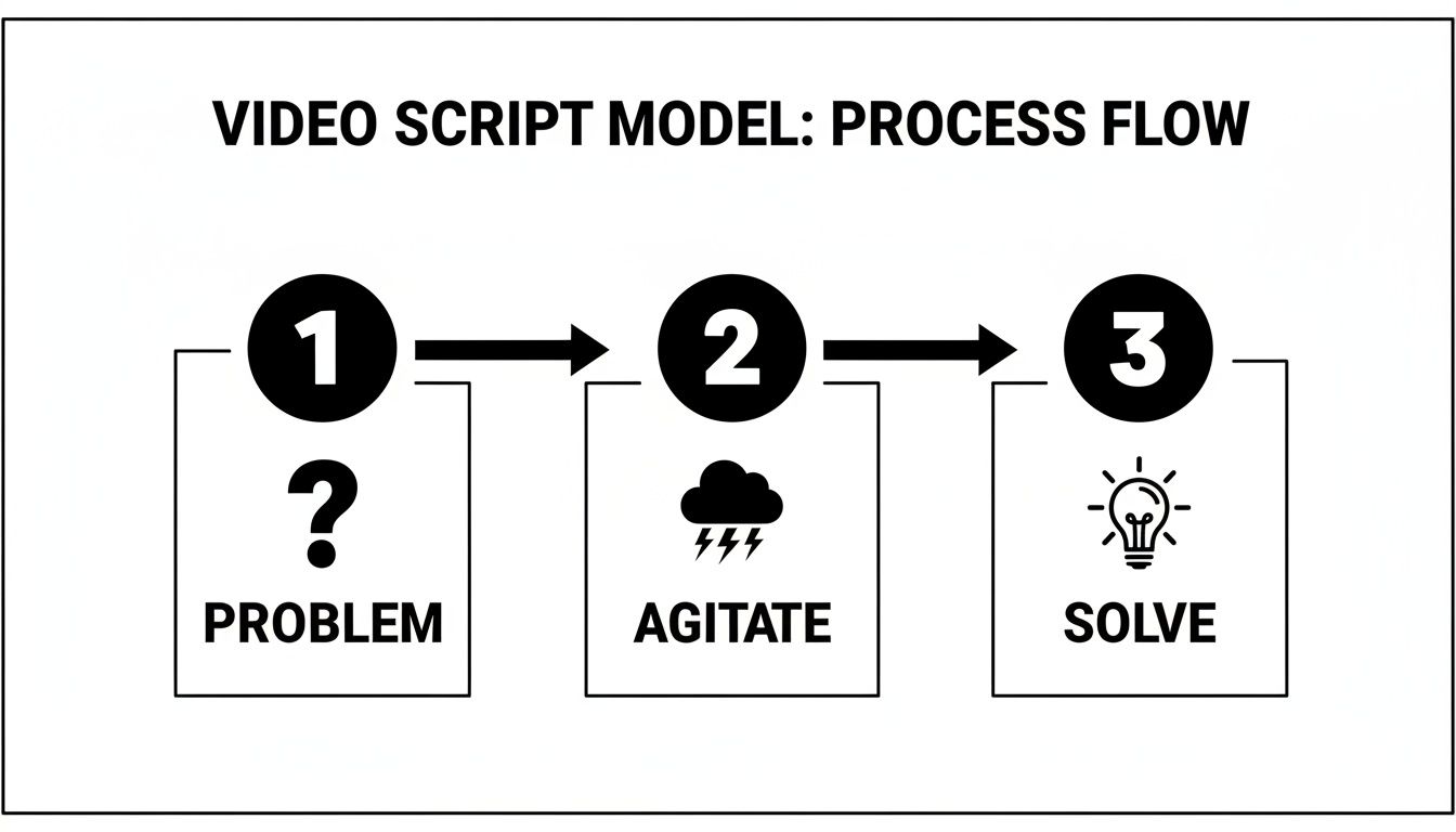 Video script model process flow diagram outlining steps: Problem, Agitate, and Solve with icons.