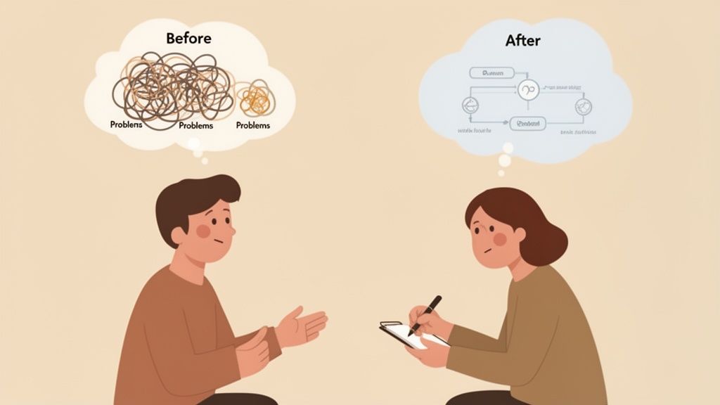 A person explains tangled problems, while another listens and processes them into a clear solution diagram.