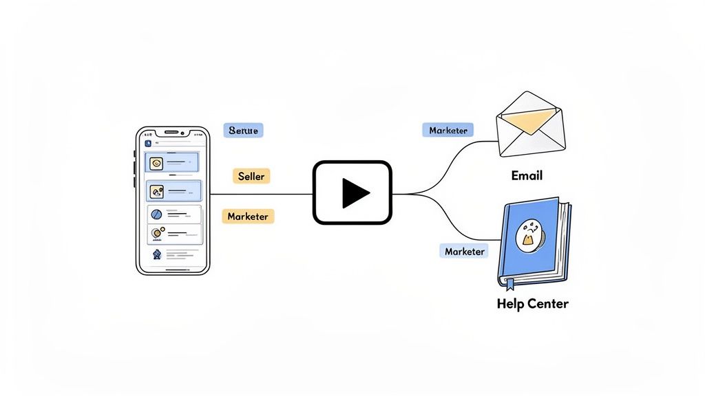 Diagram illustrates app content funneled through video for distribution via email and help center, targeting marketers.