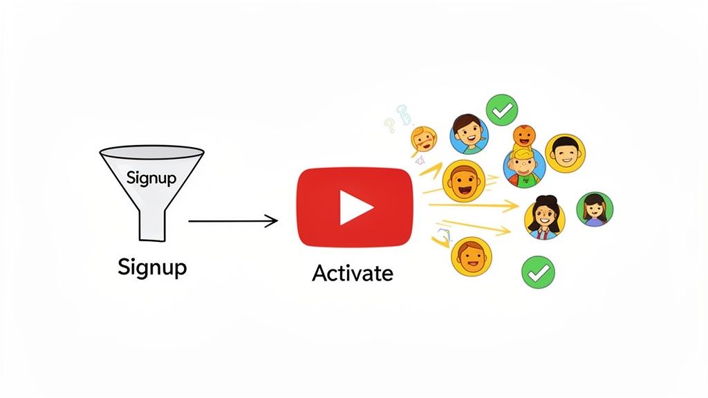 A diagram shows a 'Signup' funnel leading to a YouTube 'Activate' button, resulting in various user outcomes.