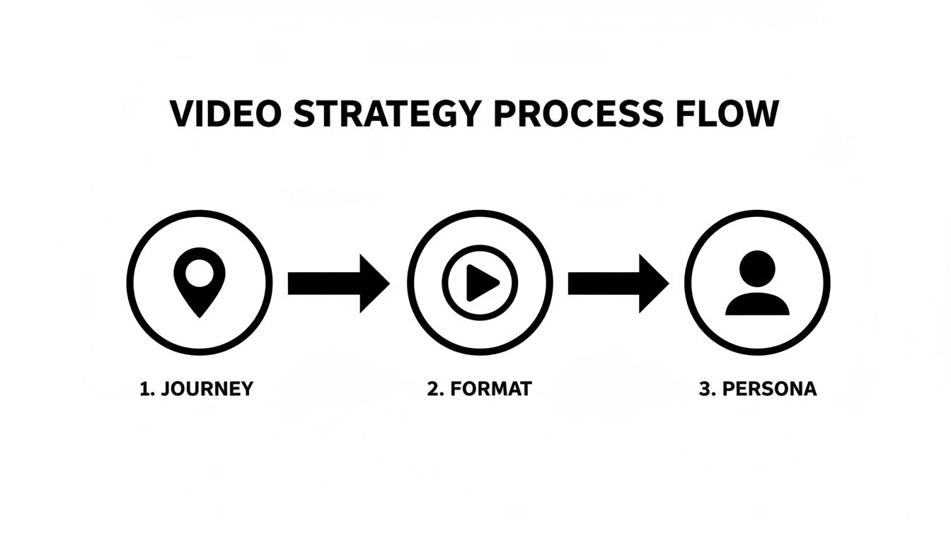 A video strategy process flow diagram with steps: 1. Journey, 2. Format, and 3. Persona.
