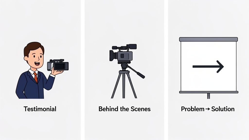 Illustrations of three video ad types: testimonial, behind the scenes, and problem-solution formats.