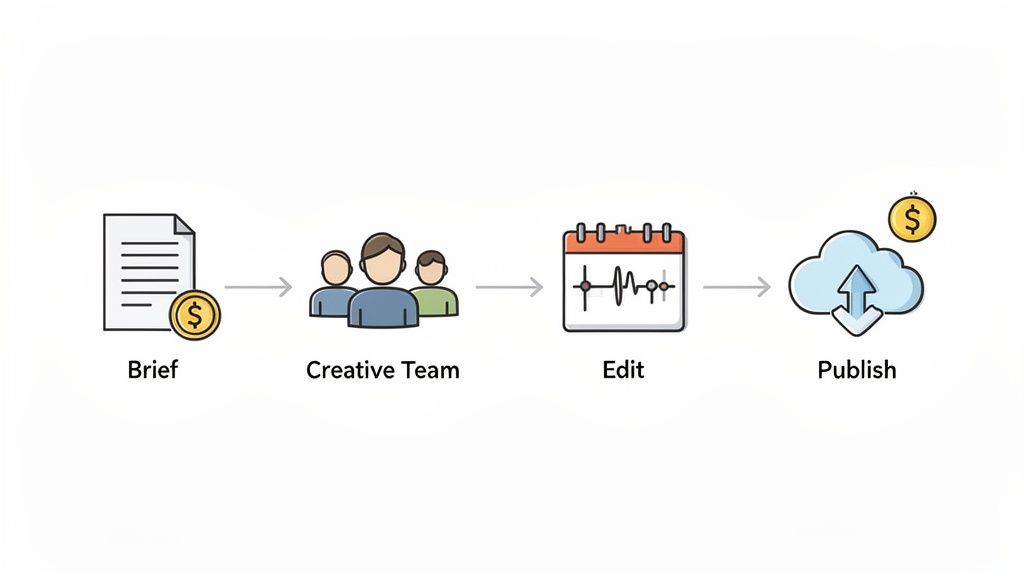 A workflow diagram showing the four steps for creating and publishing content: Brief, Creative Team, Edit, and Publish.