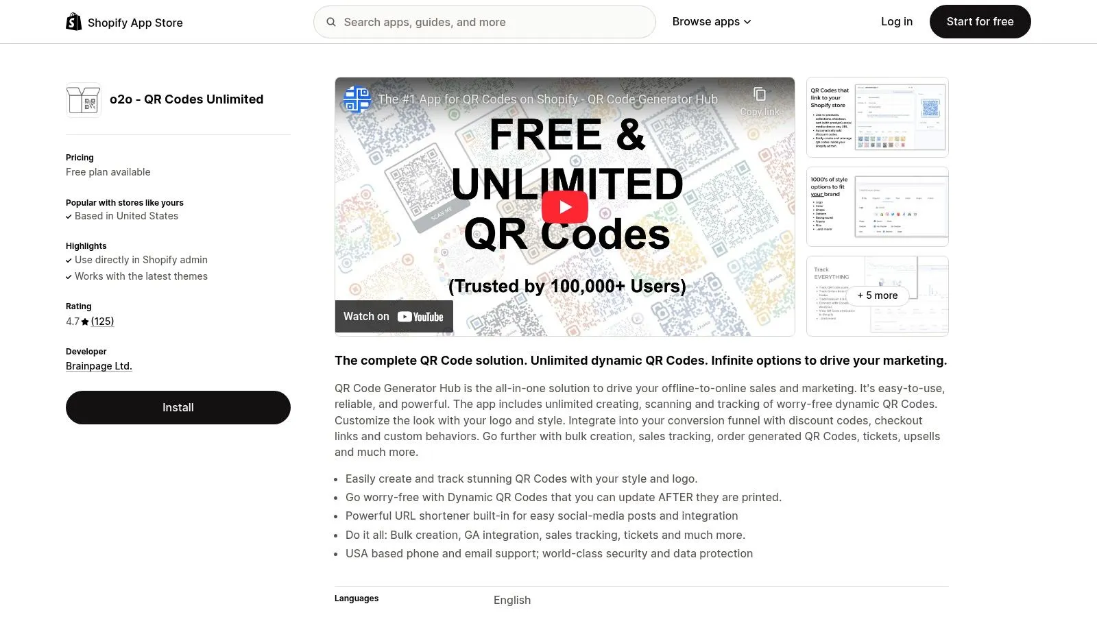 Shopify App Store – QR Code Generator Hub (o2o – QR Codes Unlimited)