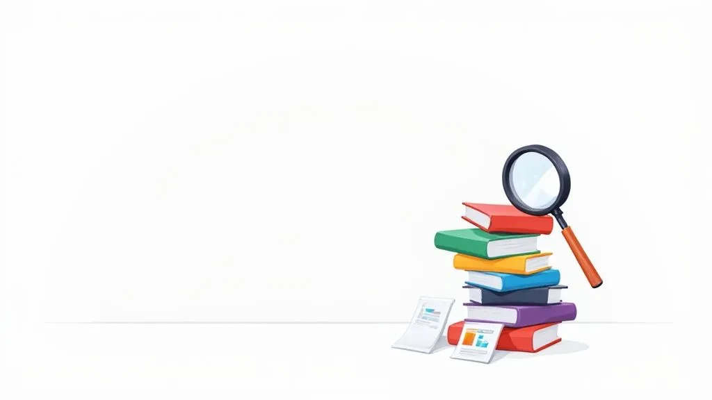 A stack of colorful books with a magnifying glass and scattered documents, symbolizing research and learning.