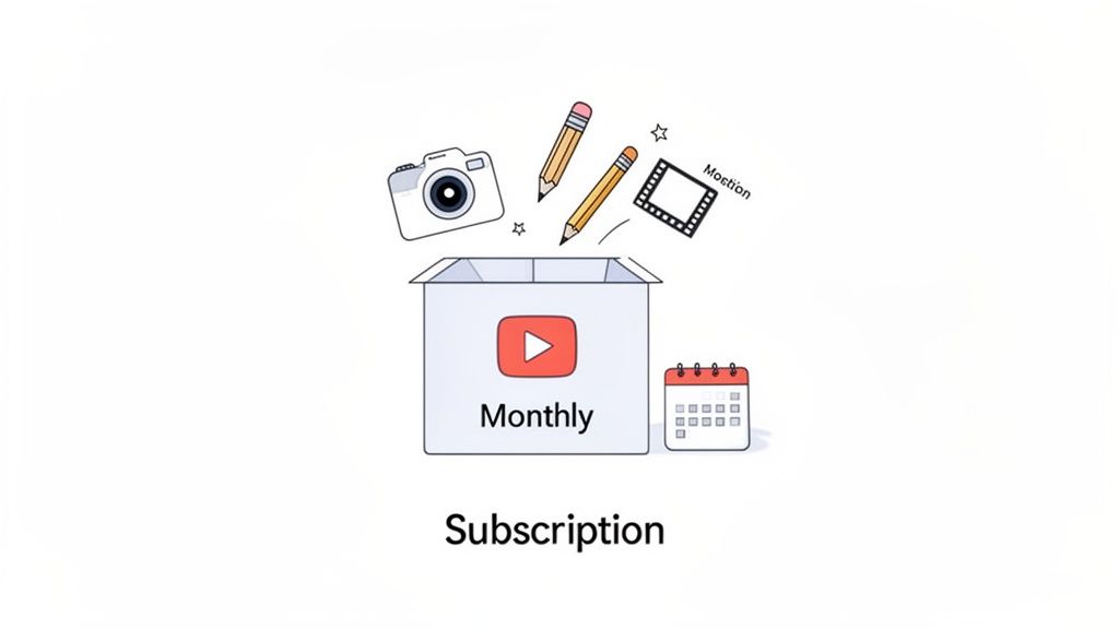 Illustration showing a monthly YouTube subscription box with a camera, pencils, and film strip falling in.