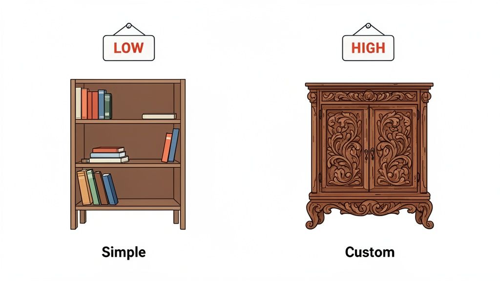 A comparison showing a simple bookshelf labeled 'LOW' next to an ornate carved cabinet labeled 'HIGH'.