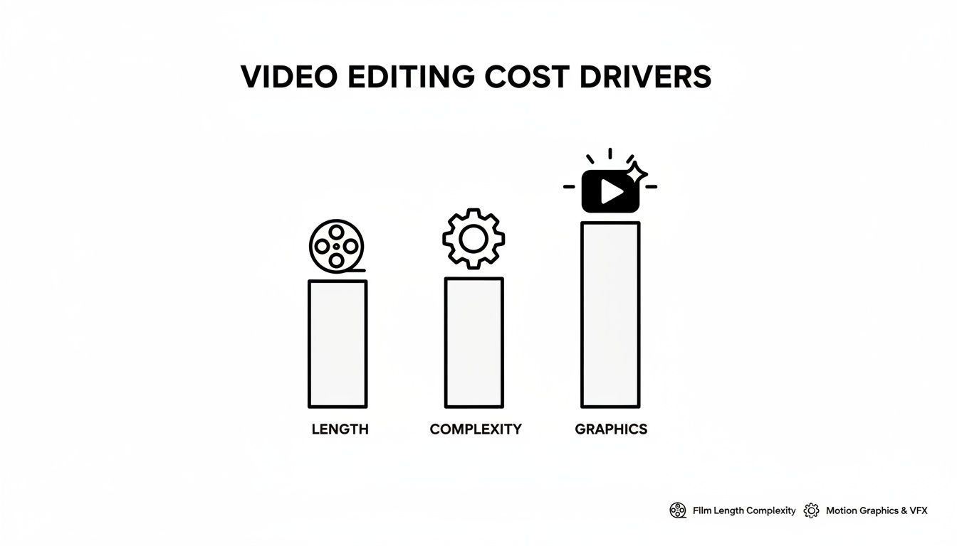 A chart illustrating video editing cost drivers, including length, complexity, and graphics.