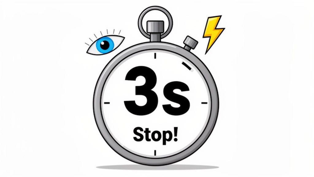 A cartoon stopwatch icon showing '3s Stop!' with a blue eye and yellow lightning bolt.