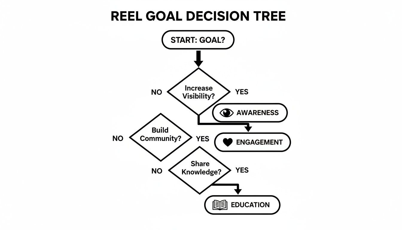 A decision tree flowchart outlining Instagram Reel goals: Awareness, Engagement, and Education.