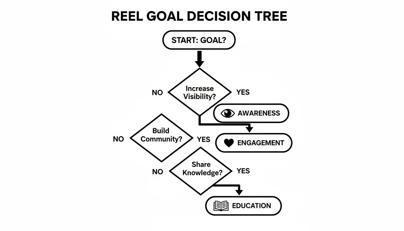 A decision tree flowchart outlining Instagram Reel goals: Awareness, Engagement, and Education.