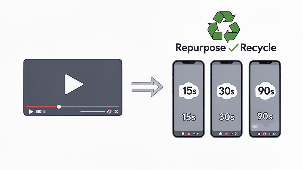 A graphic illustrating a long video transformed into short 15s, 30s, and 90s mobile clips, for repurposing.