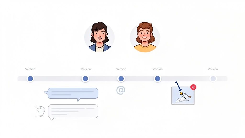 A design timeline with user avatars, chat bubbles, mentions, and document version updates.