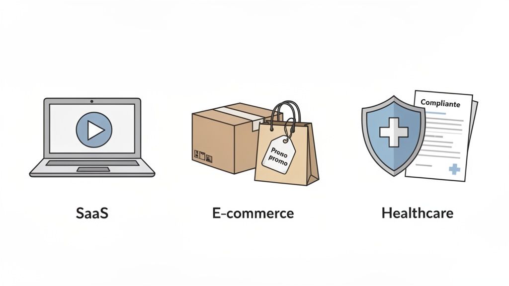 Illustrates three business categories: SaaS with a laptop, e-commerce with a box and shopping bag, and healthcare with a shield and document.